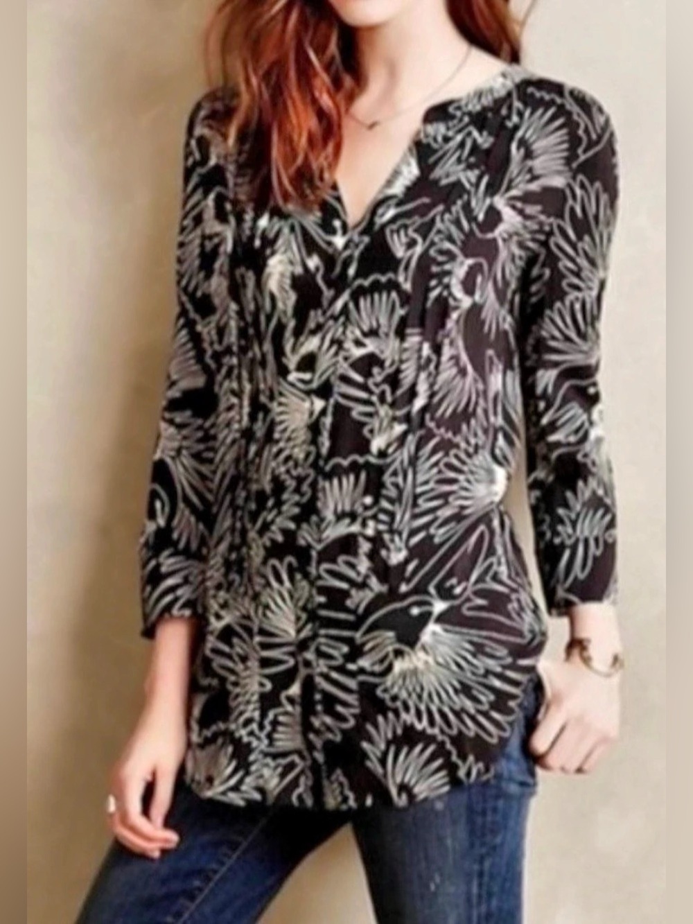 Maeve by Anthropologie Black and White Bird and Floral Tunic - Size 8